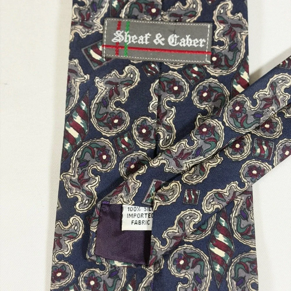 Sheaf & Caber Mens Silk Necktie Navy Blue Paisley Geometric Formal Business Tie‎